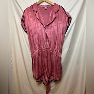 Victoria Secret Satin Pink Logo Tie Sleep Romper Women's Size XL